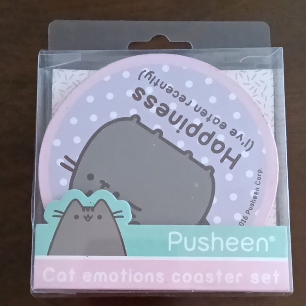 PUSHEEN Pink and Gray Cat Emotions Coaster Set